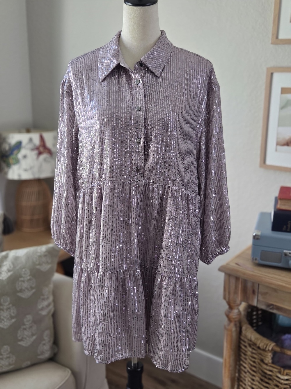 Sequin Tiered Shirt Dress in silver